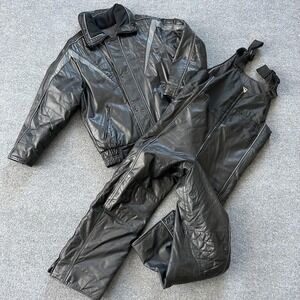 Vintage Edco Leather Snowmobile Suit Mens Medium Black Jacket Bib Canada 90s